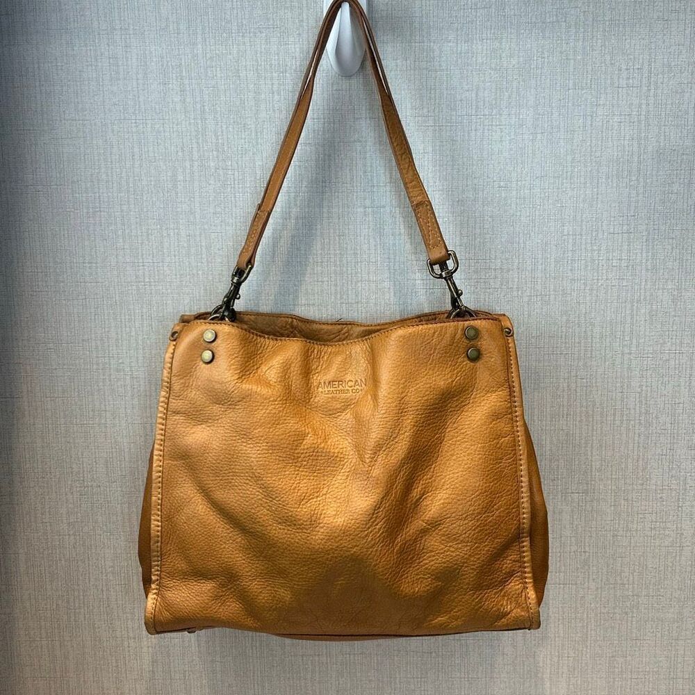 American Leather Co Lenox Triple Entry Satchel Shoulder Bag Handbag Tan